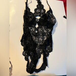 Lace Black lingerie with rhinestone heart.